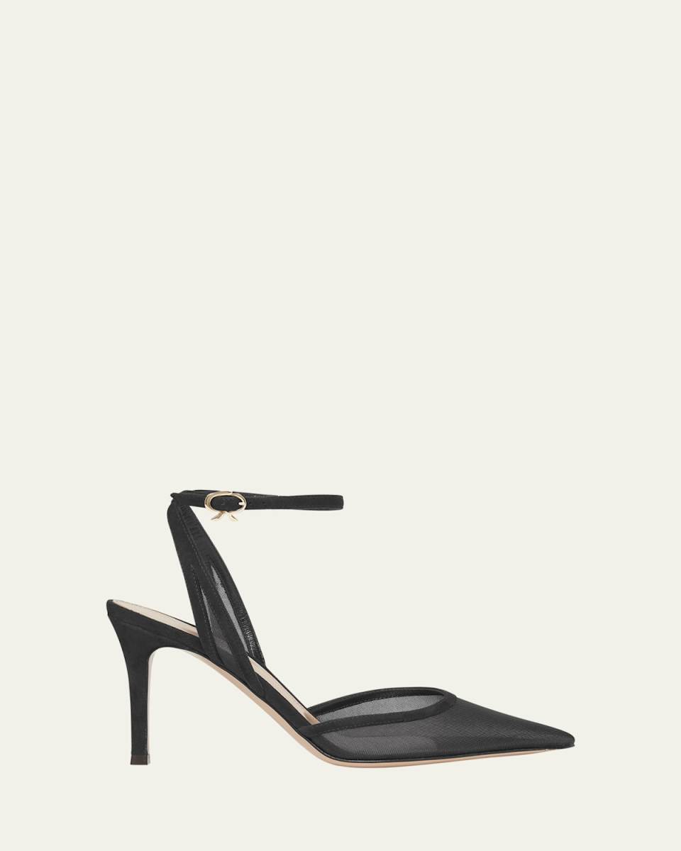 Suede Organza Ankle-Strap Pumps